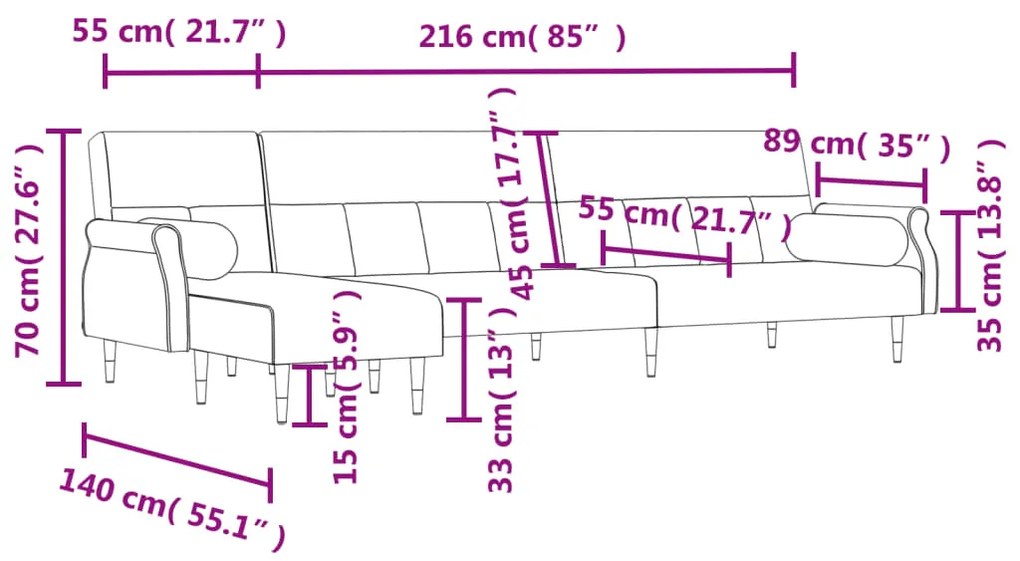 Sofá-cama em forma de L 271x140x70 cm veludo cinzento-escuro
