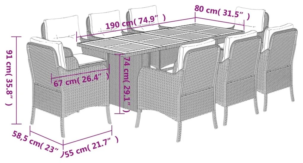 9 pcs conjunto de jantar p/ jardim com almofadões vime PE bege