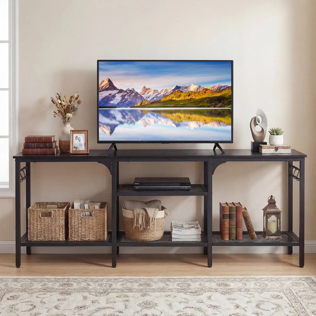 Móvel para Televisor com Estantes Abertas, 140 x 30 x 56 cm, Estrutura Metálica Resistente, Preto