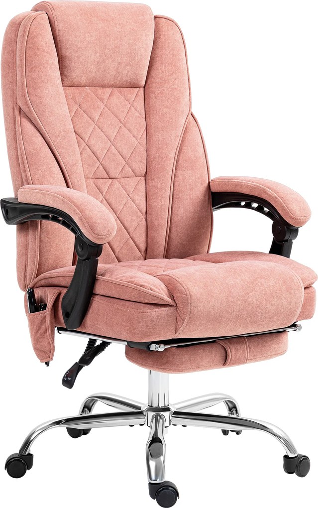 Cadeira de escritório com massagem e aquecimento, altura ajustável, encosto reclinável, comando à distância e apoio para os pés retrátil, cor rosa