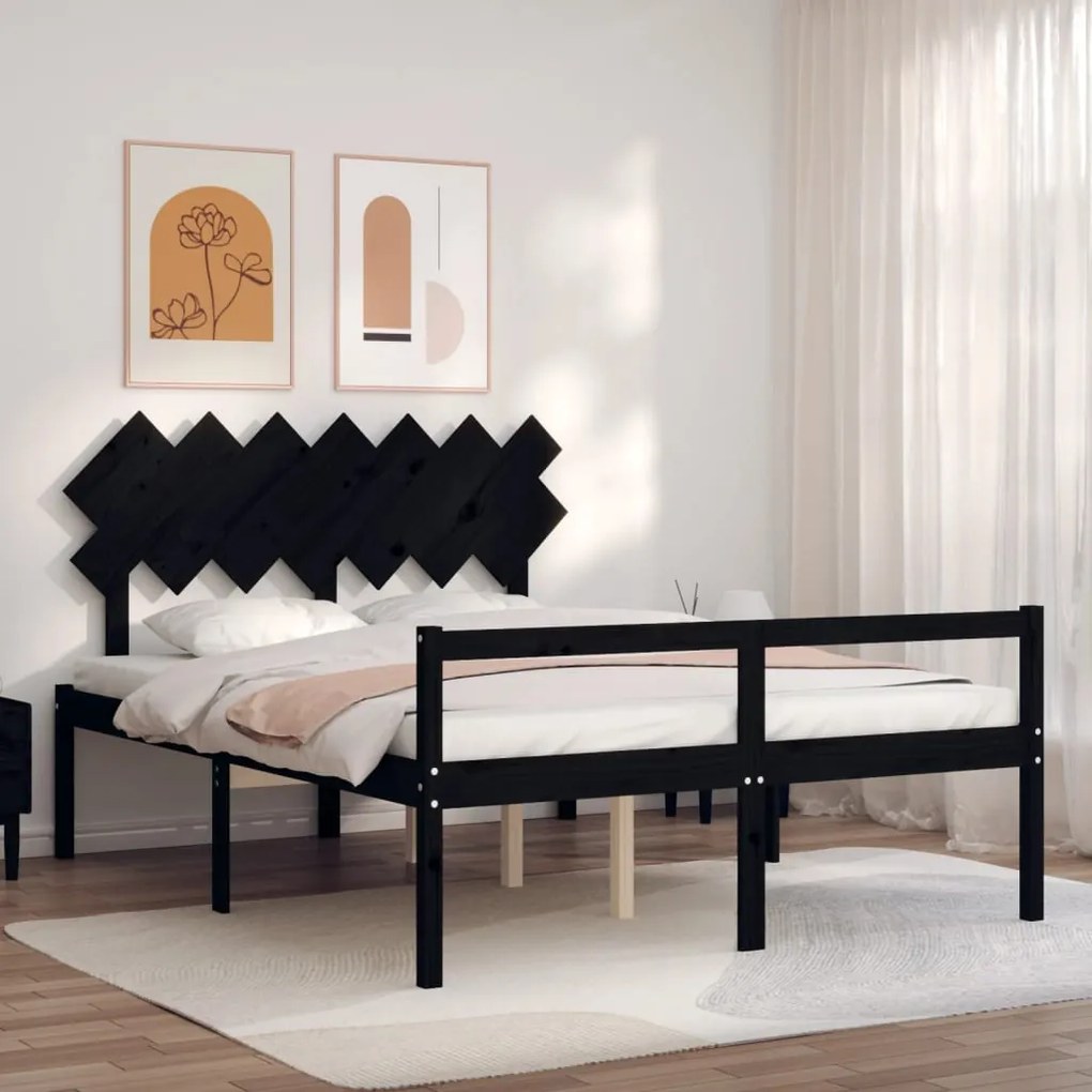 Estrutura de cama com cabeceira 140x190 cm madeira maciça preto