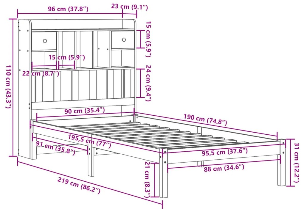 Cama com estante sem colchão 90x190 cm pinho maciço branco