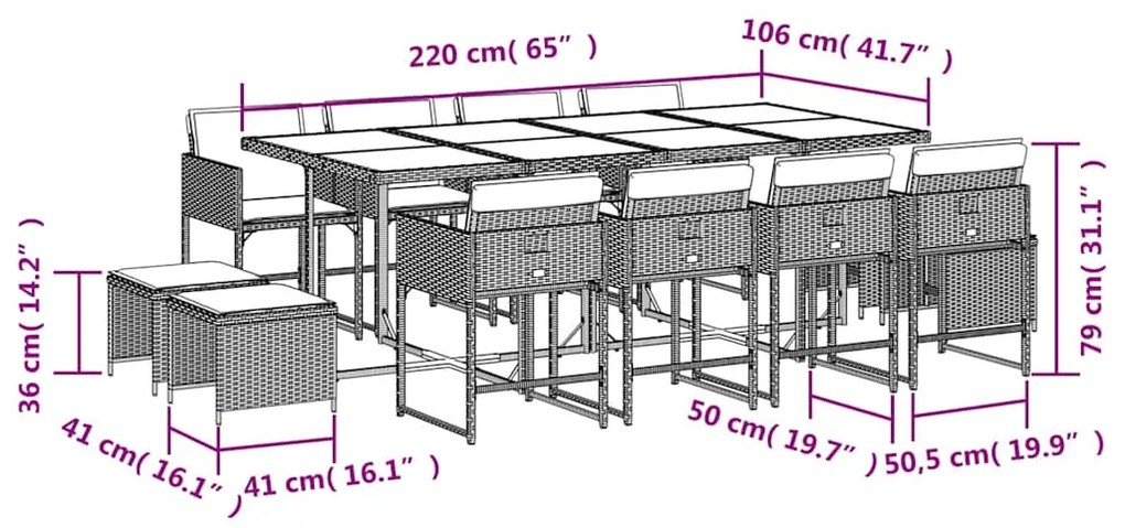 13 pcs conjunto jantar p/ jardim c/ almofadões vime PE castanho