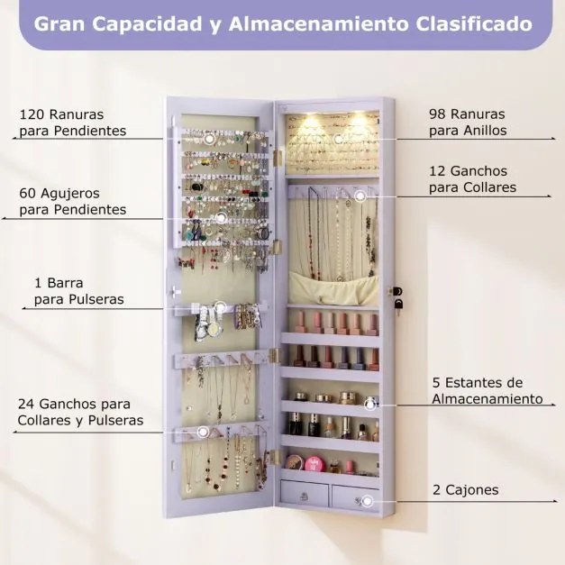 Armário de joias em madeira com espelho de parede e LED interno Organizador de porta ou parede com chave 35,5 x 10 x 120 cm Púrpura
