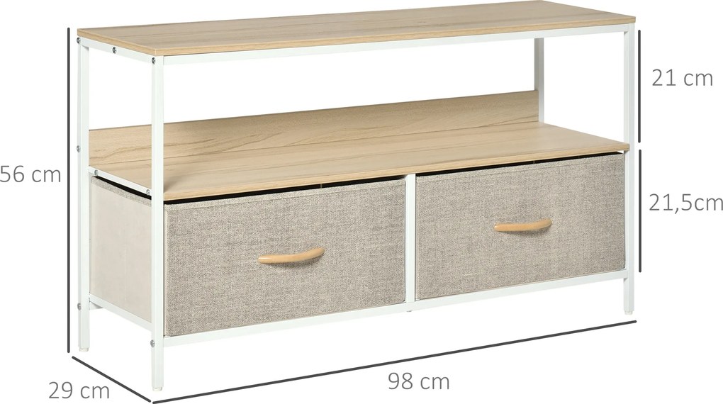 Móvel de TV baixo com pés 98 L x 29 P x 56 A cm, estilo industrial, com 2 gavetas em tecido cinzento, cor madeira natural e metal branco