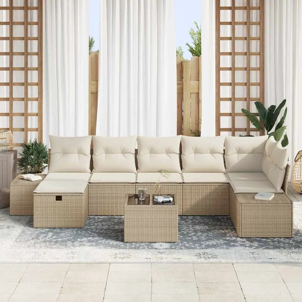 Conjunto de Sofá de Jardim de 8 Peças com Almofadas Bege de Polirattan
