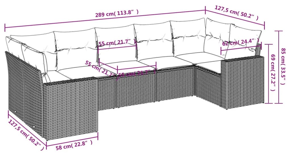 7 pcs conjunto de sofás p/ jardim com almofadões vime PE bege