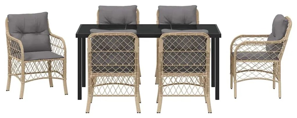 Conjunto de Jantar de Jardim com 7 Peças e Almofadas Beiges em Rattan