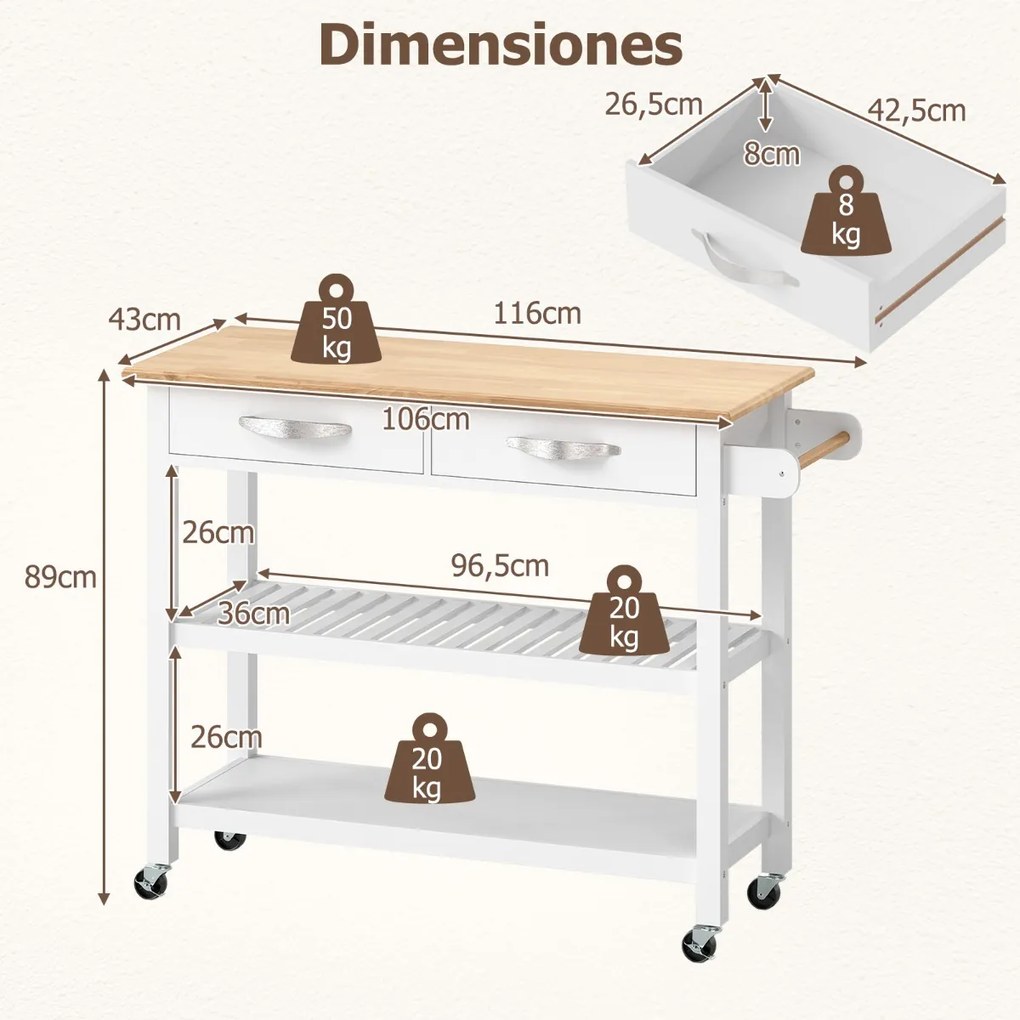 Carrinho de cozinha 106 cm x 50 cm x 89 cm com rodas com 2 gavetas, 2 prateleiras abertas e pega lateral branca