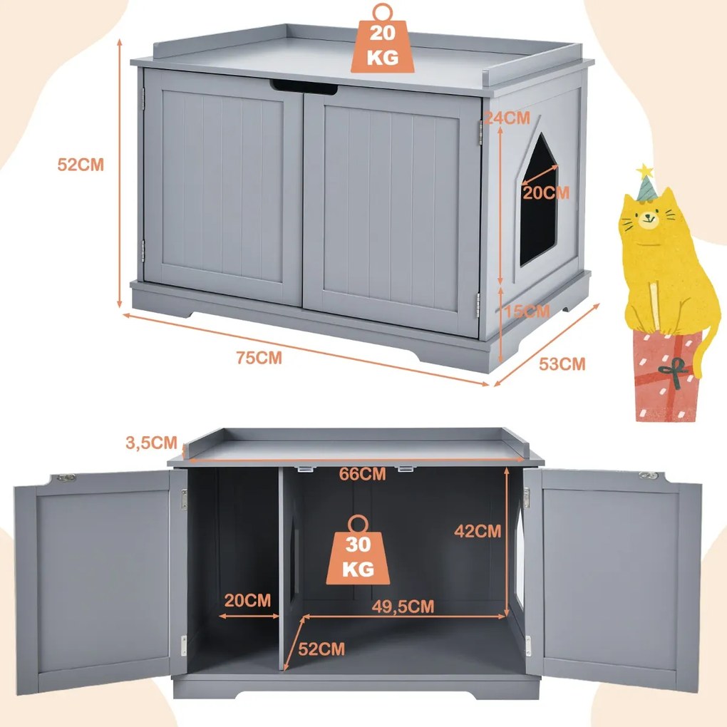 Casa de Areia para Gatos Animais de Estimação com Furo Casa Espaçosa 75 x 53 x 52 cm Cinza