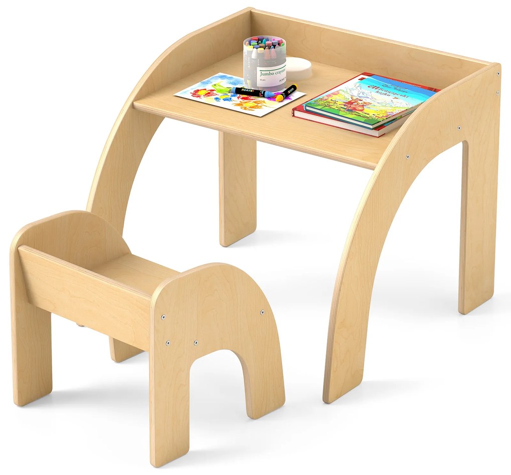 Conjunto de mesa e cadeira infantil com tampo largo e bordas curvas para quarto infantil - branco