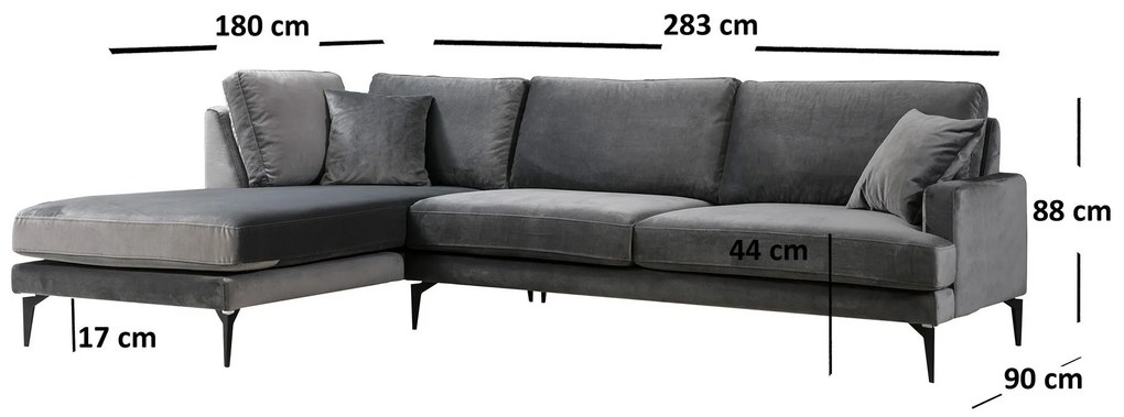 Sofá de Canto Papira - Antracite - 283 x 180 x 90 x 88 cm