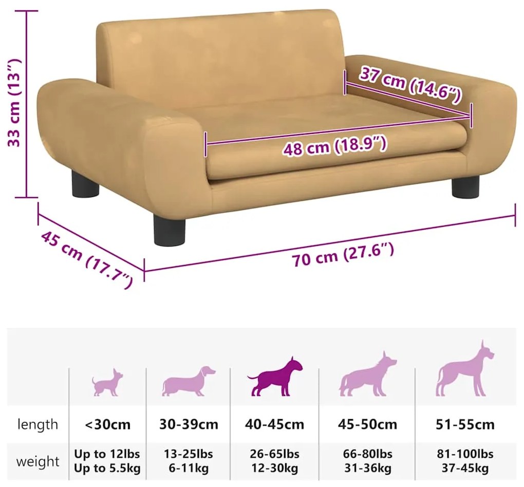 Cama para cães 70x45x33 cm veludo castanho