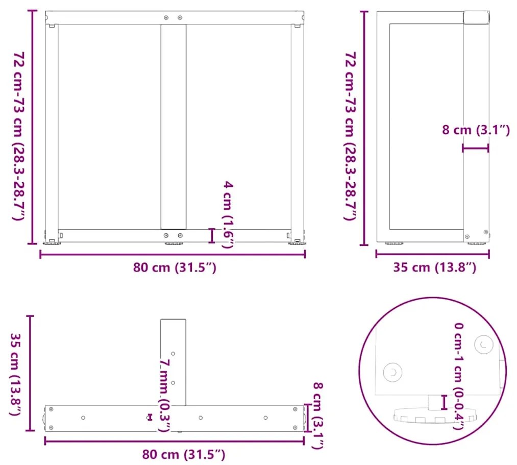 Pés de mesa de jantar em forma de T, 2 peças, preto, 80x35x(72-73) cm,