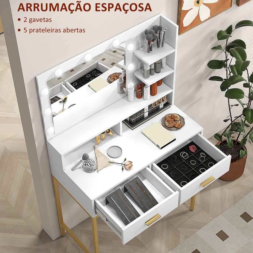 HOMCOM Toucador de Maquilhagem com Luz e Banco Mesa de Maquilhagem com