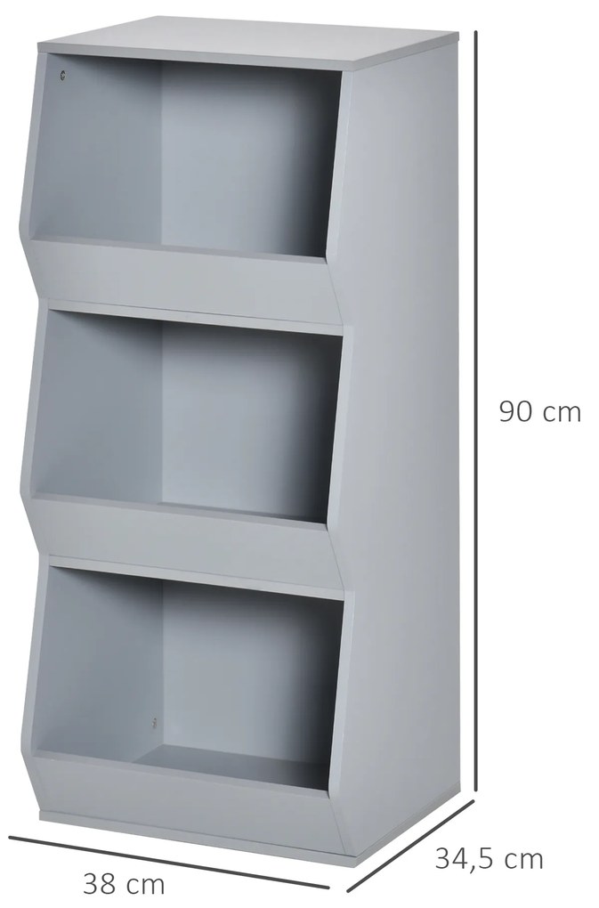 Estante Infantil de Madeira para Crianças com 3 Prateleiras de Armazenamento para Brinquedos Livros 38x34,5x90cm Cinza