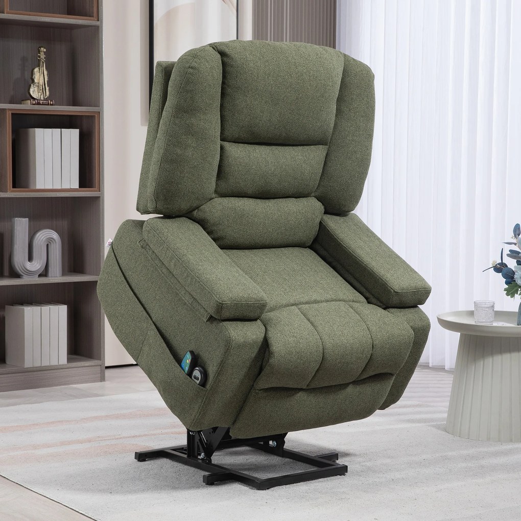 Poltrona elevatória elétrica com função de relaxamento, massagem e aquecimento, inclinação ajustável, apoio para os pés, comandos remotos, verde