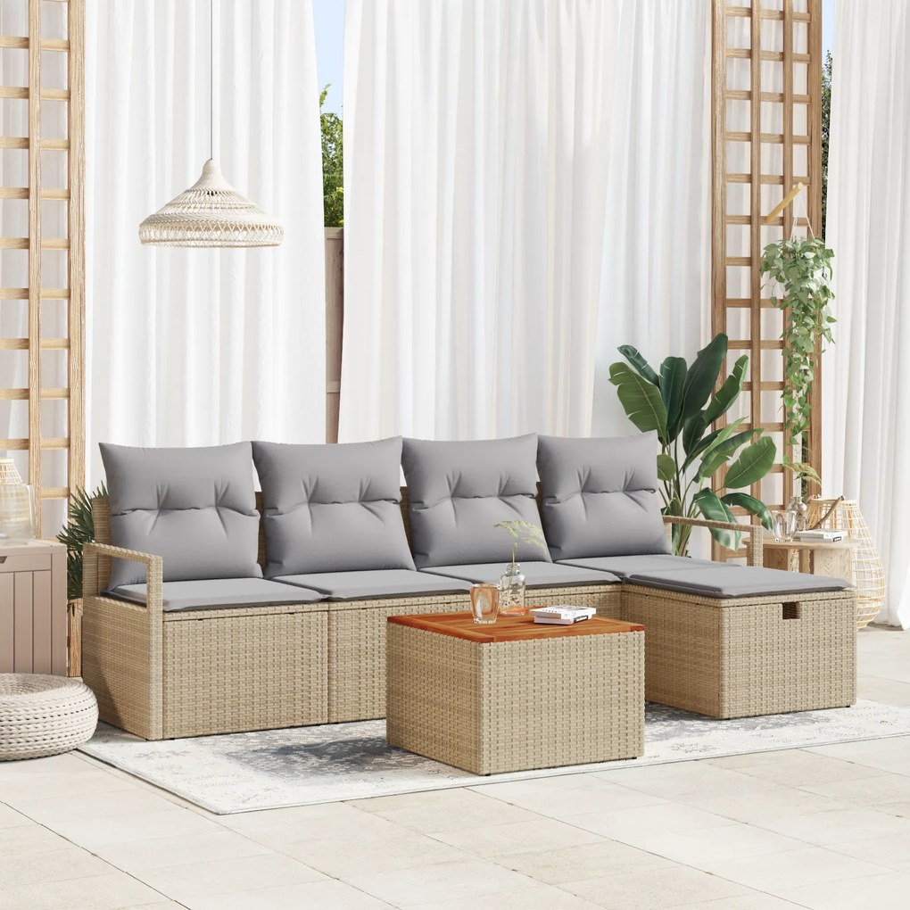 Conjunto de Sofá de Jardim vidaXL de 6 Peças com Almofadas Bege Rattan