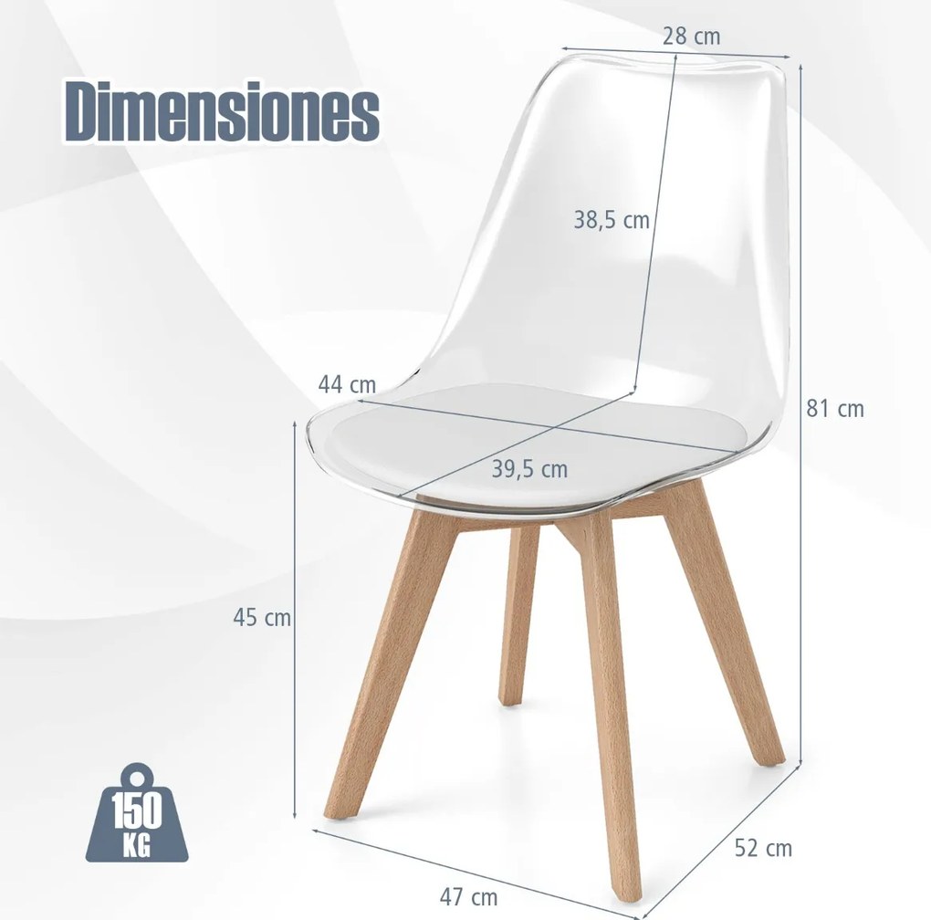 Conjunto de 4 cadeiras de jantar modernas (MESA NÃO INCLUIDA) sem braços com encosto Pernas em madeira de faia Almofada macia branca, cadeiras transpa