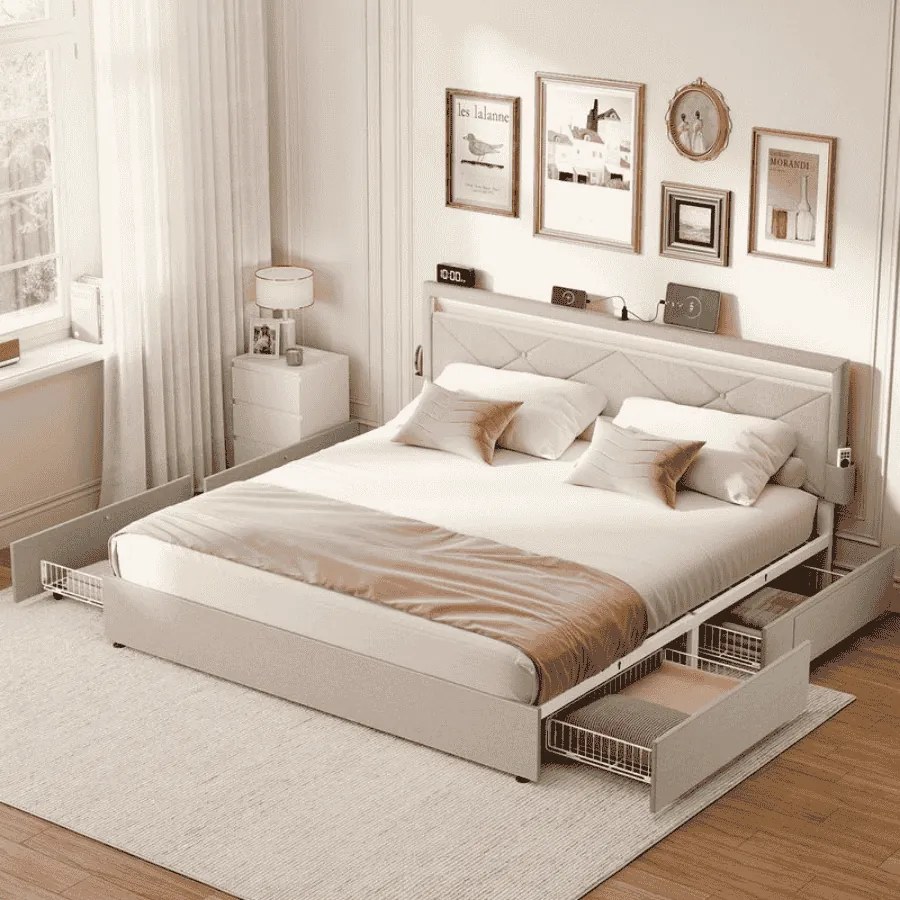 Estrutura de cama em metal 160 x 200 cm com iluminação LED, com gavetas e cabeceira bege cappuccino