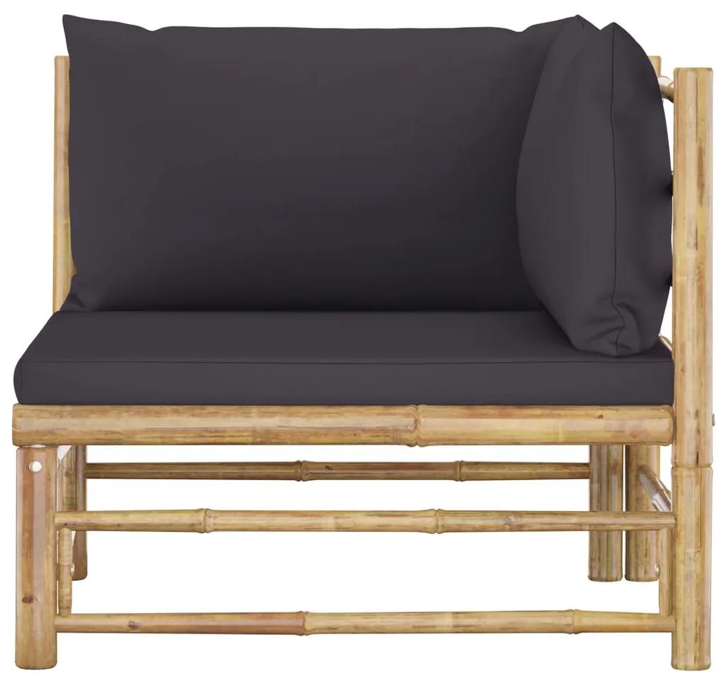 Sofá de canto para jardim com almofadões cinzento-escuro bambu