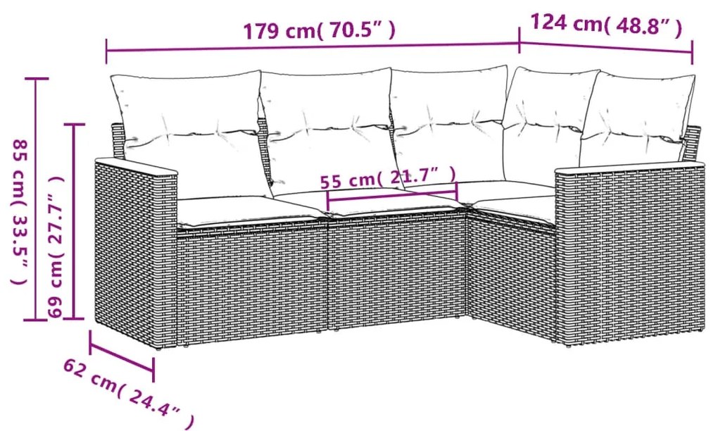 4 pcs conjunto de sofás para jardim c/ almofadões vime PE preto