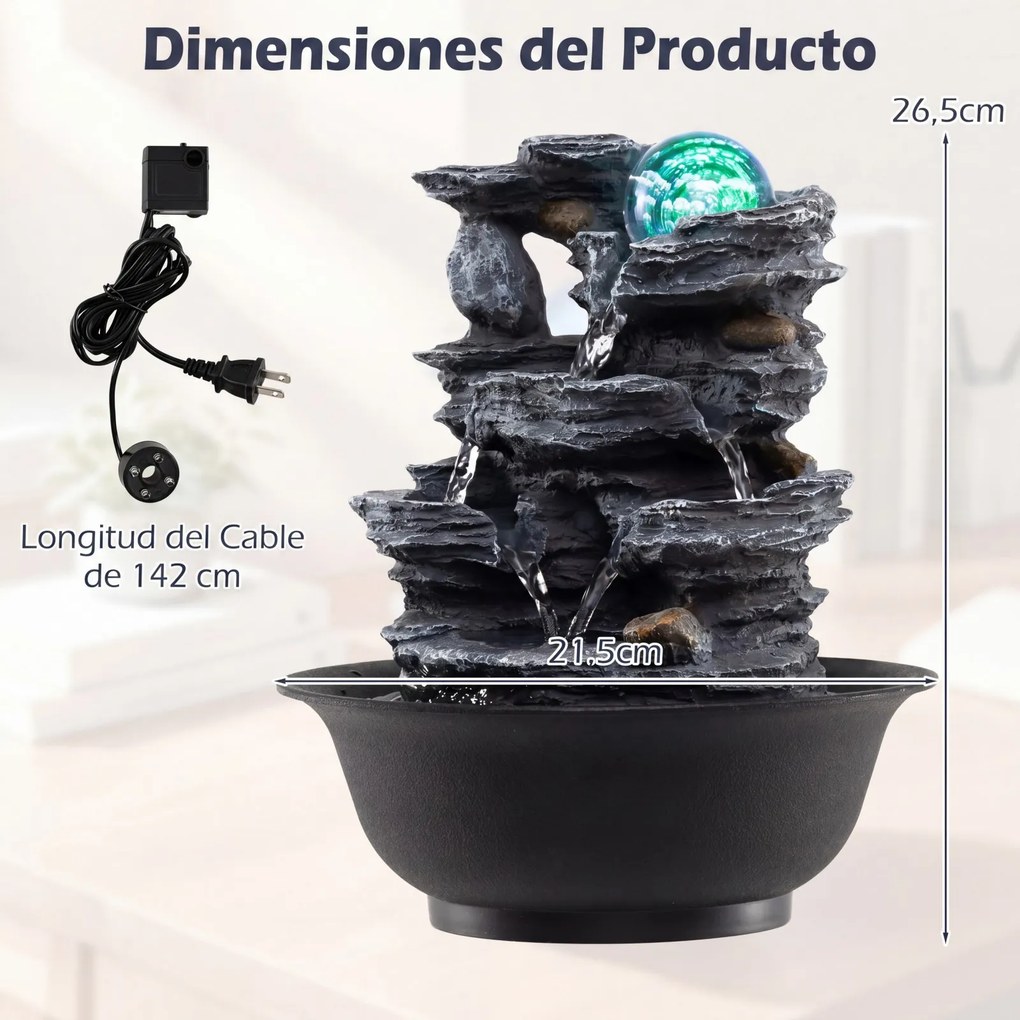 Fonte de mesa em cascata 21,5 x 26 cm com bola de cristal giratória, luz LED colorida, caudal ajustável, bomba silenciosa, decoração zen para casa e e