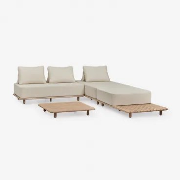 Conjunto De Sala Com Sofá Modular Chaise Longue De 3 Peças Com Mesa Auxiliar E Mesa De Centro 95x95 Cm Em Acácia Portet Marrom Acácia Claro - Sklum