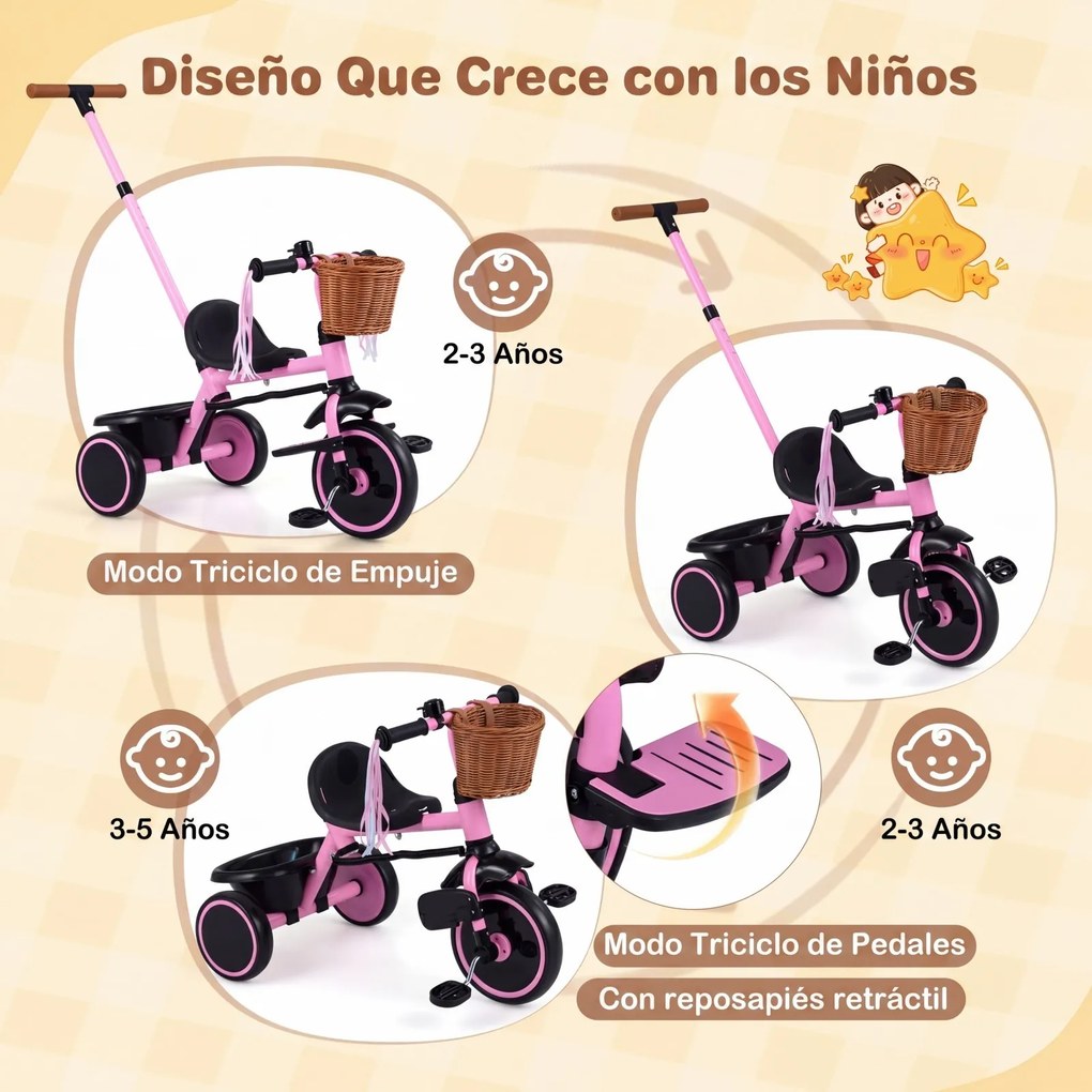 Triciclo Infantil Evolutivo 2 em 1, 94 x 43 x 90-96,5 cm, Pega de Empurrar Ajustável, Cor-de-rosa