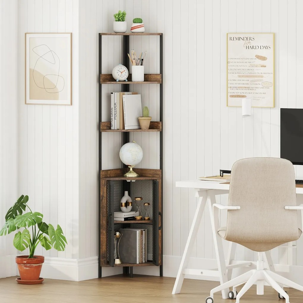 Estante de canto 32 x 32 x 170 cm com 6 níveis com portas para sala, escritório Castanho