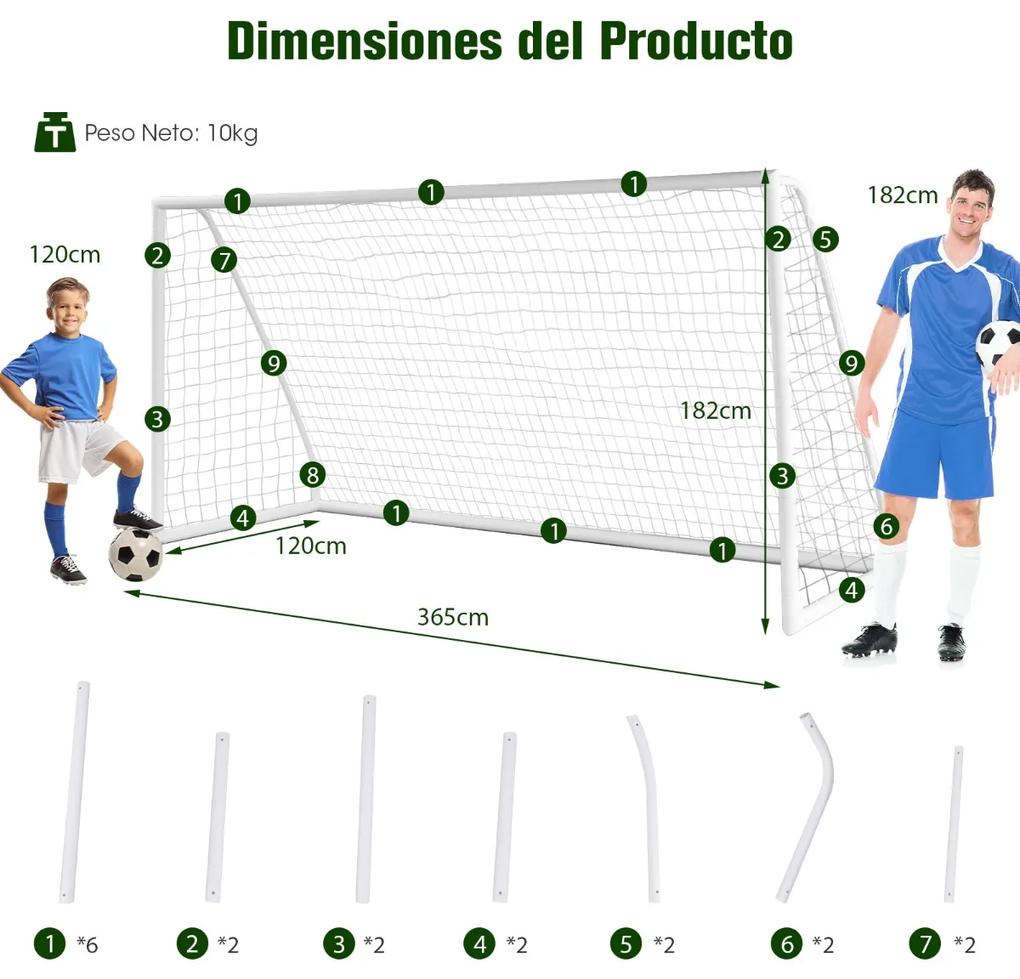 Baliza de futebol portátil para crianças Baliza de futebol e rede de pátio com estrutura em PVC resistente Fácil de montar 365 x 120 x 182 cm