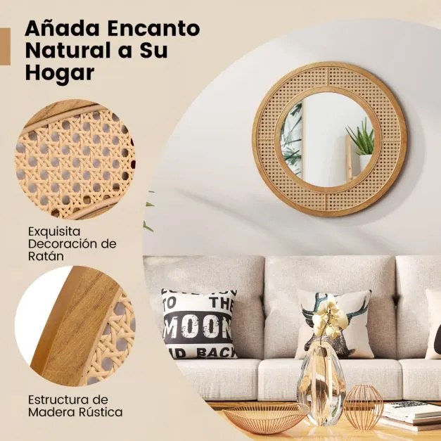 Espelho de parede redondo de rattan com moldura de madeira 65 cm com vidro de alumínio Espelho decorativo Natural