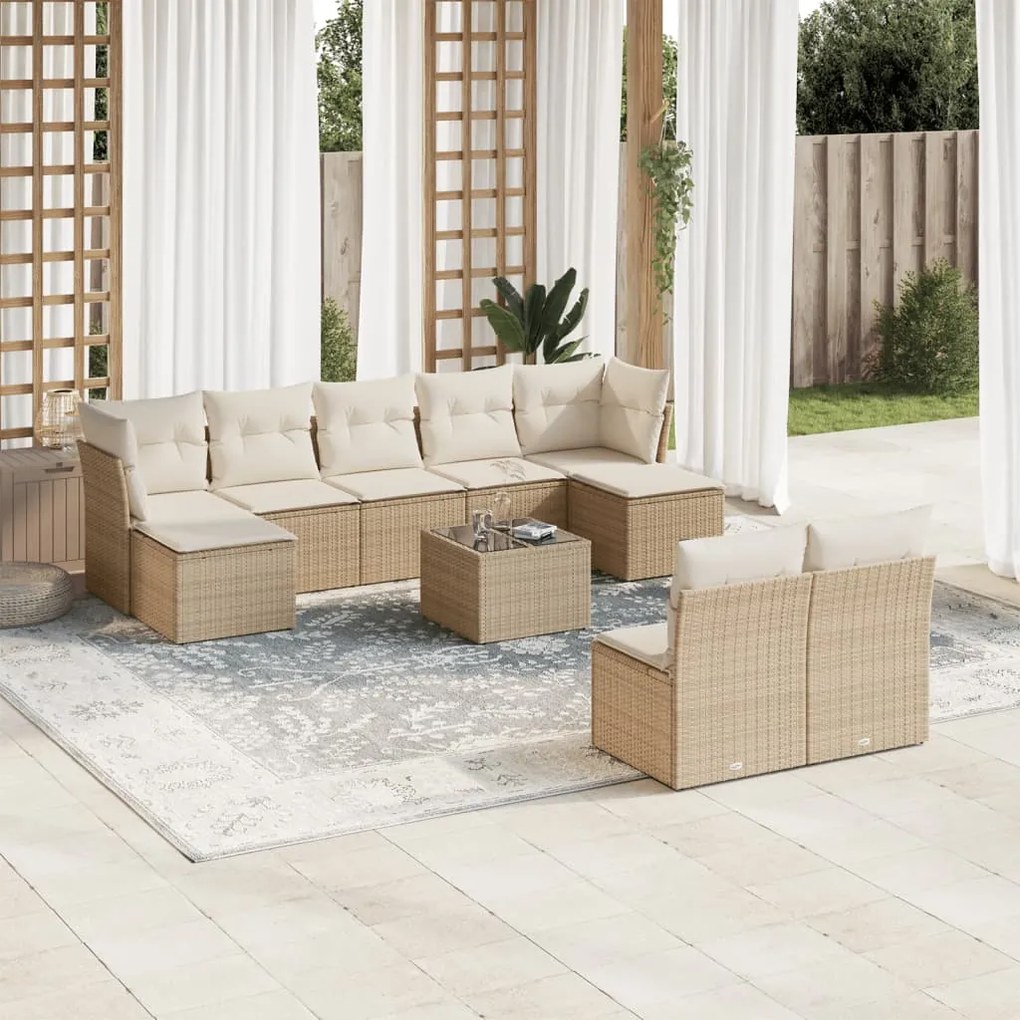 vidaXL 10 pcs conjunto de sofás p/ jardim com almofadões vime PE bege