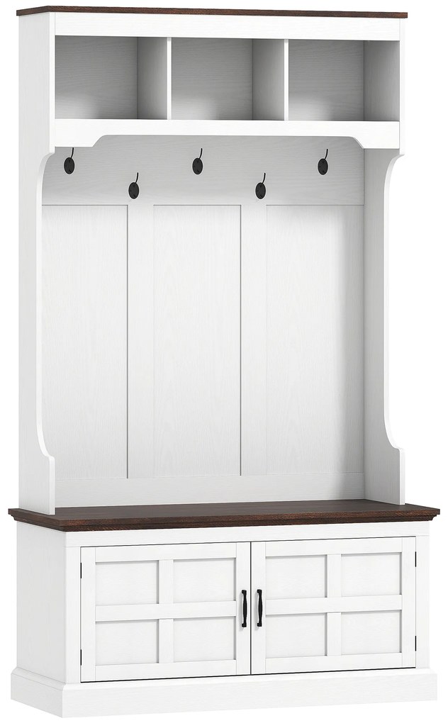 Móvel Cabide de Entrada com Banco Sapateira 5 Ganchos 3 Prateleiras Armário e Compartimentos Estilo Rústico 105x40x180 cm Branco