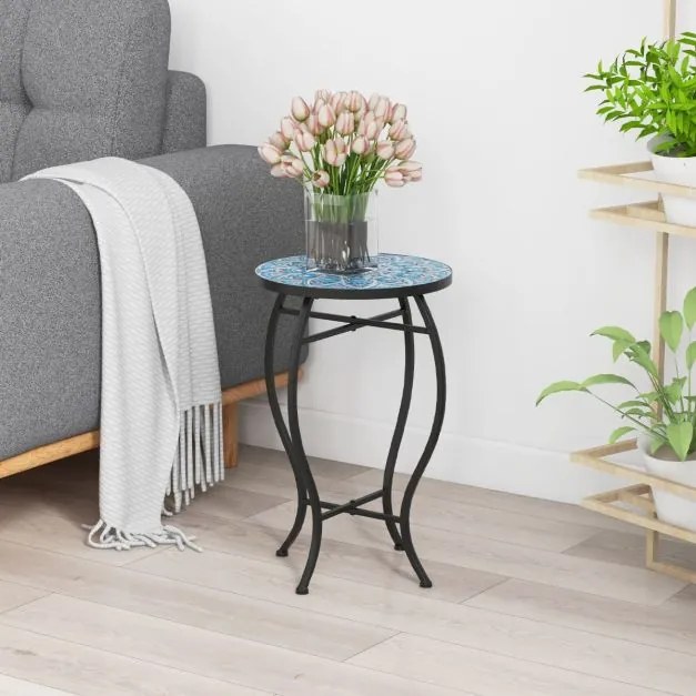 Mesa auxiliar de jardim em Mosaico 35 x 55 cm (diâmetro x altura) com tampo em cerâmica resistente para varanda e jardim Azul