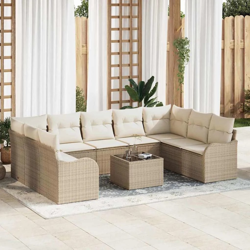 vidaXL Conjunto de Sofá de Jardim de 10 Peças com Almofadas em Rattan Poliéster Marrom