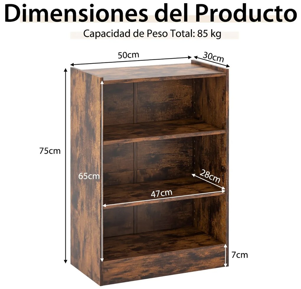 Estante de 3 níveis com prateleiras reguláveis e dispositivo anti-queda para sala e quarto 50 x 30 x 75 cm castanho