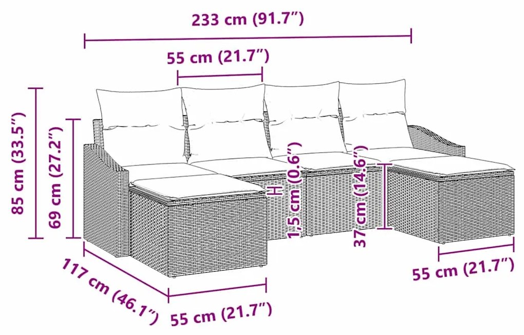 Conjunto de sofá de jardim 6 peças com almofadas marrons em rattan sin