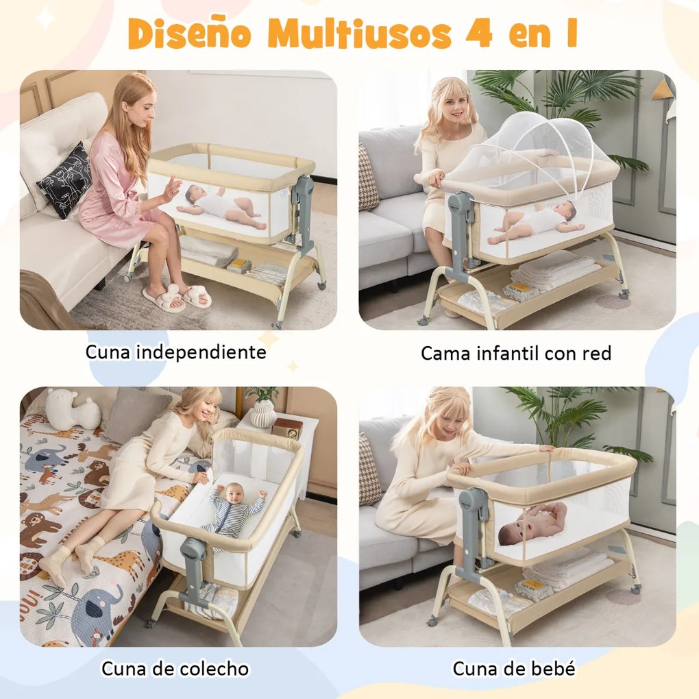 Berço de viagem para bebés com rede Altura ajustável Colchão Rede Cesto de armazenamento e rodas 101 x 56 x 89 cm Bege