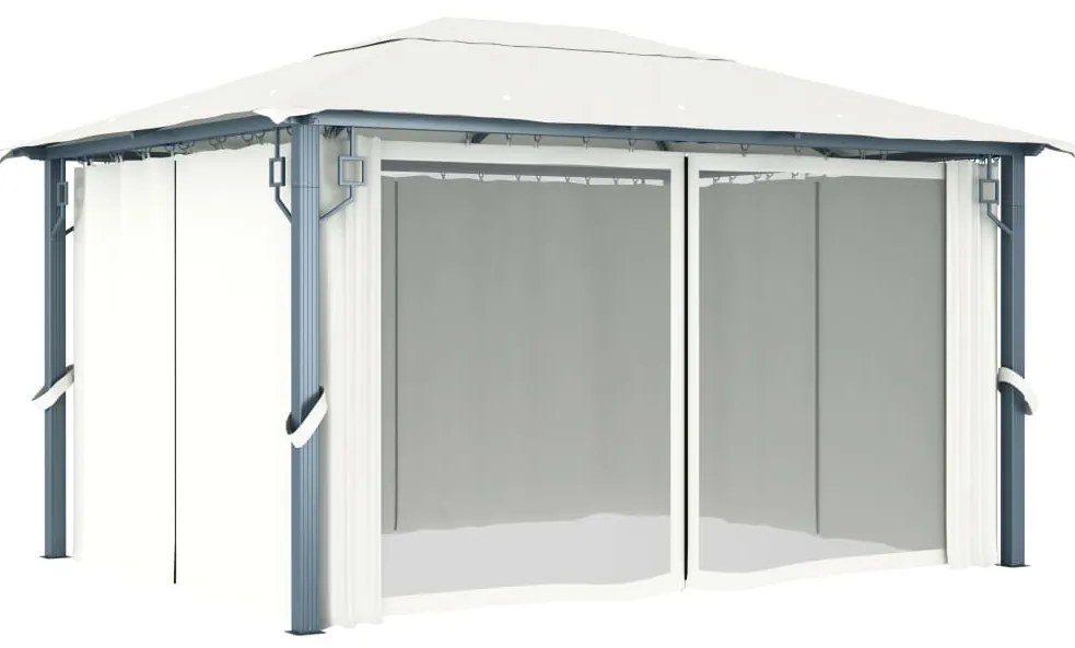 Gazebo com cortinas e cordões de luzes LED 4x3 m alumínio creme