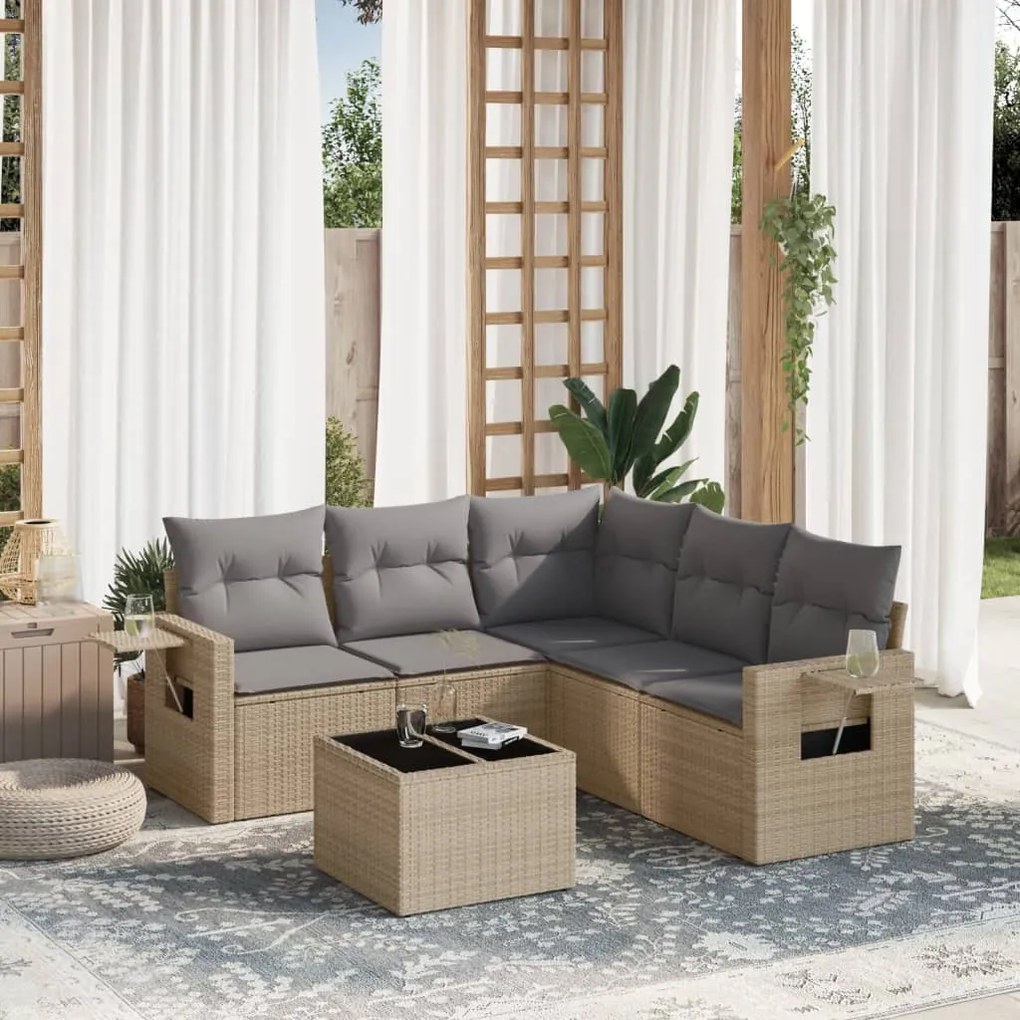 6 pcs conjunto de sofás p/ jardim com almofadões vime PE bege