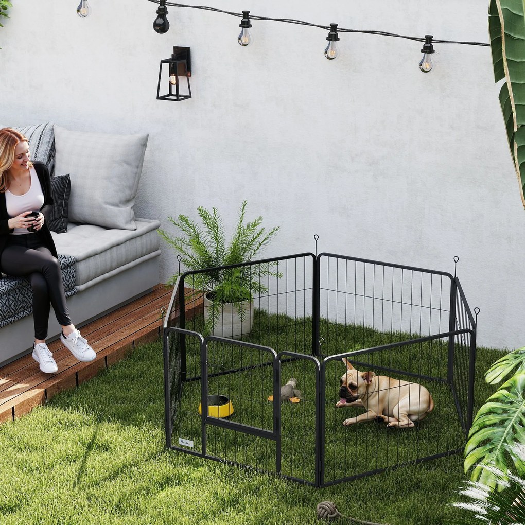 Parque para Cães de 6 Painéis de 60 cm de Altura Vedações para Cães de Aço Dobrável com Porta para Interior e Exterior Preto