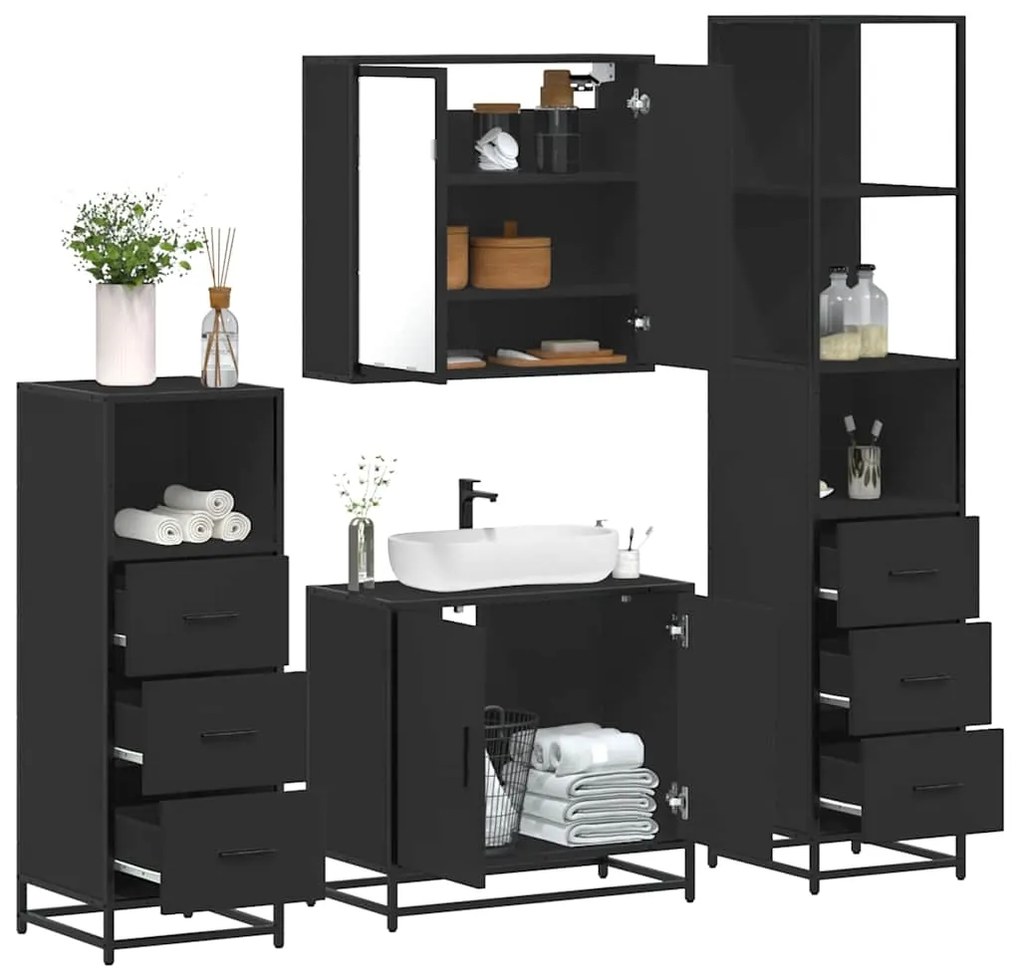 vidaXL 4 pcs conjunto móveis casa de banho derivados de madeira preto