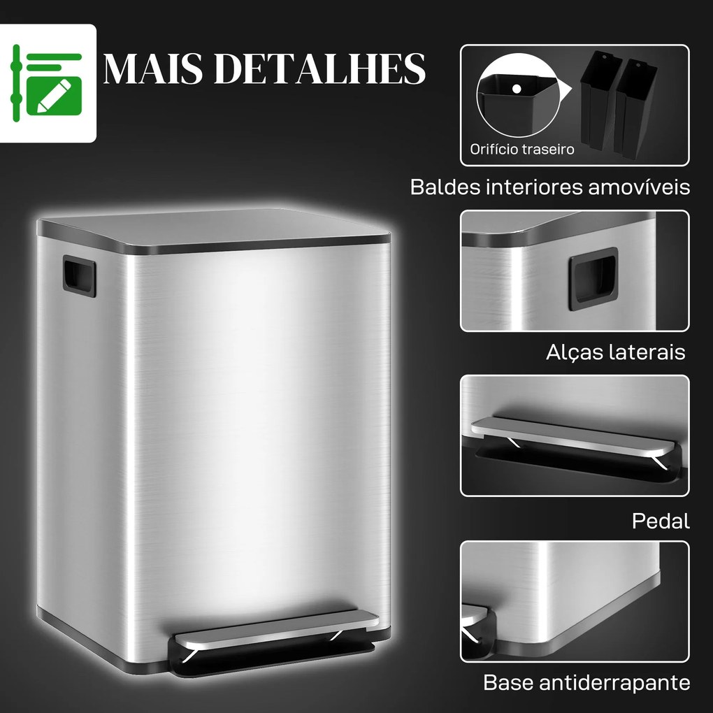 HOMCOM Balde de Lixo de Cozinha com 2 Compartimentos 2x20L Cubo de Lix