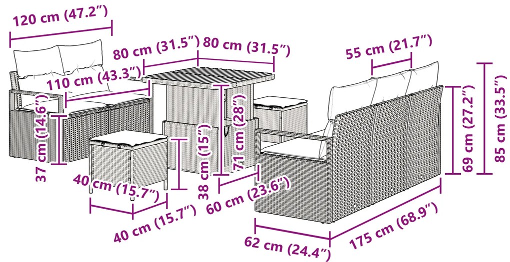 Conjunto de Sofá de Jardim vidaXL de 8 Peças com Almofadas Bege Vime P