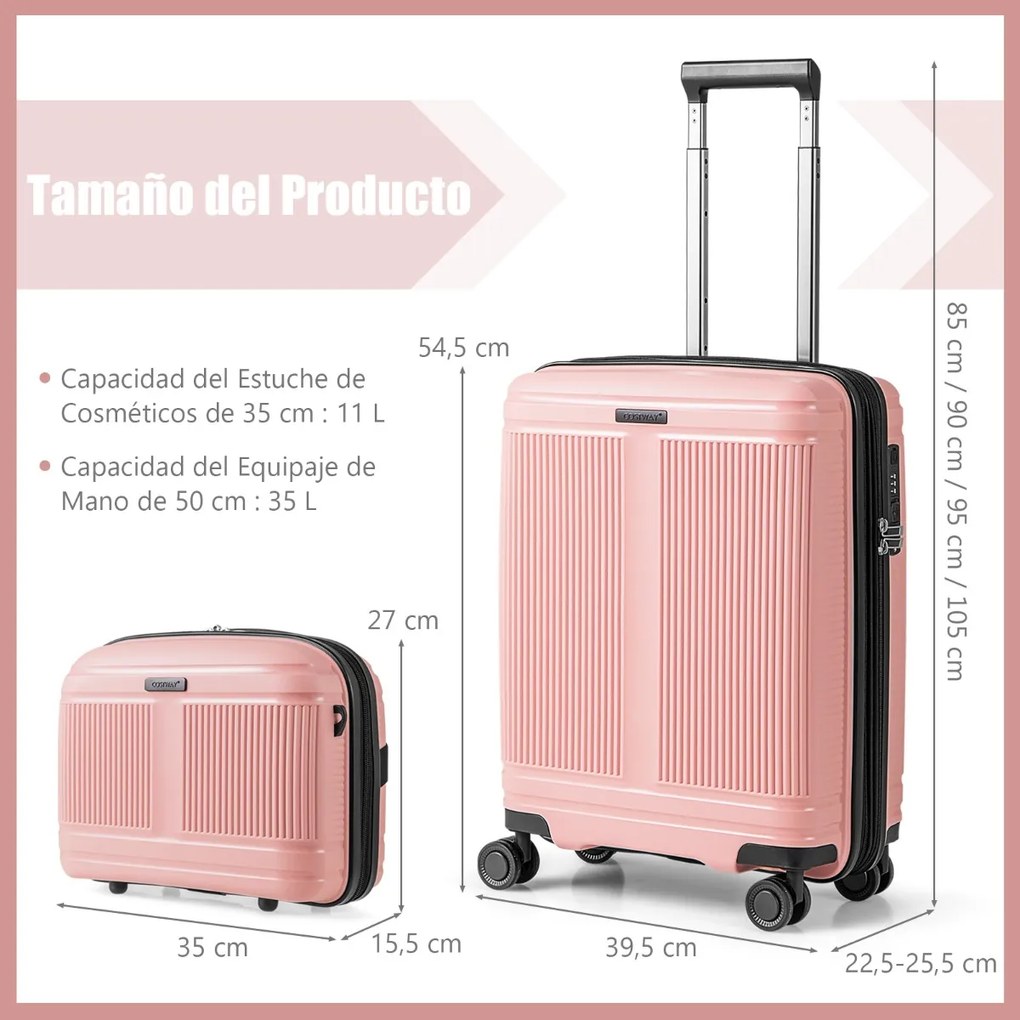 Conjunto 2 Malas de Viagem: mala de mão de 20“ e estojo cosmético de 14” com porta USB. Estrutura em PP com fechadura Rosa