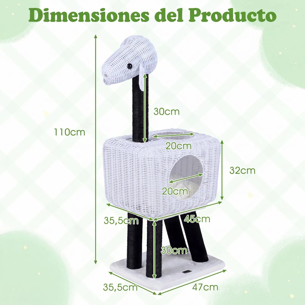 Arranhador para gatos 35,5 x 47 x 110 cm em rattan PE com postes de sisal, almofada felpuda, bola suspensa, 2 entradas, casinha em forma de cordeiro,