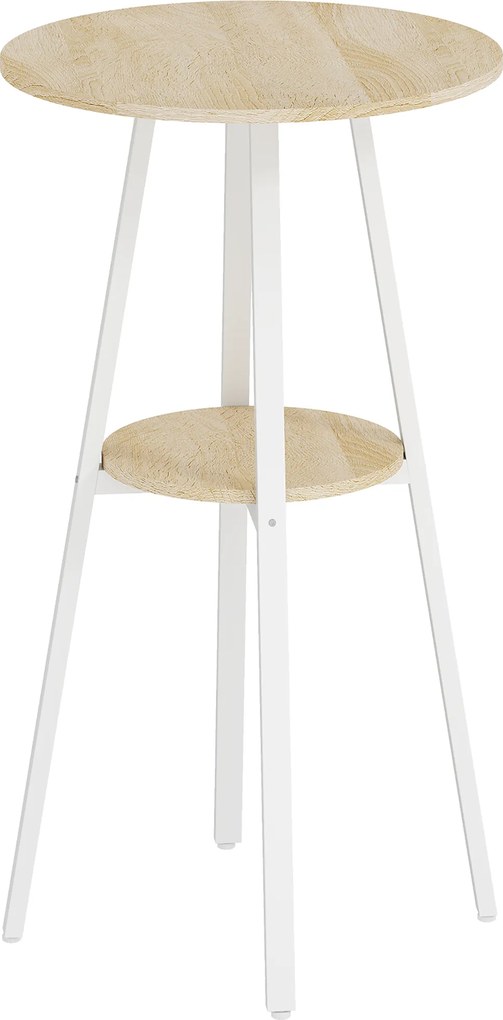 Mesa Alta de Cozinha Redonda com Prateleira de Armazenamento para 2 Pessoas com Estrutura de Metal 55x55x95 cm Madeira e Branco