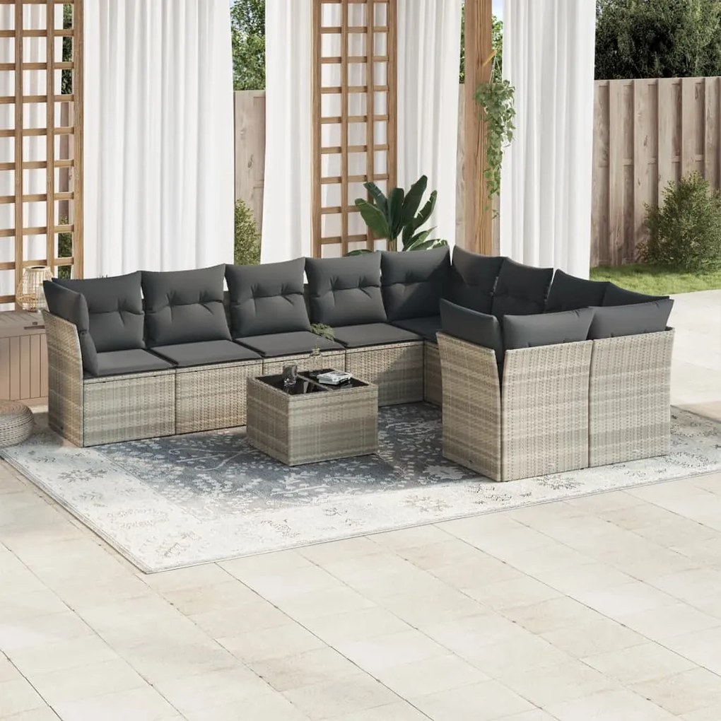 vidaXL 10 pcs conj. sofás jardim com almofadões vime PE cinzento-claro