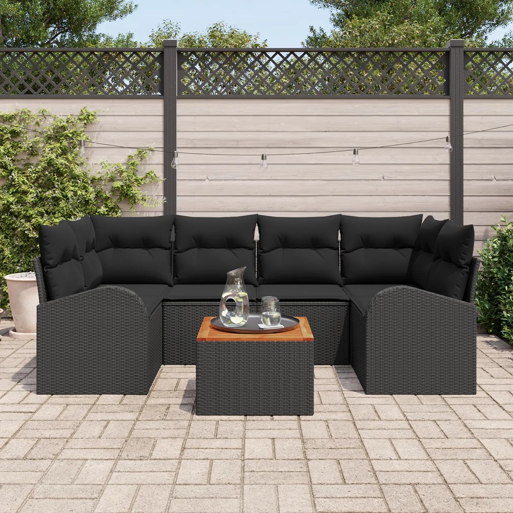 Conjunto de Sofá de Jardim de 7 Peças com Almofadas Preto de Vime Sint